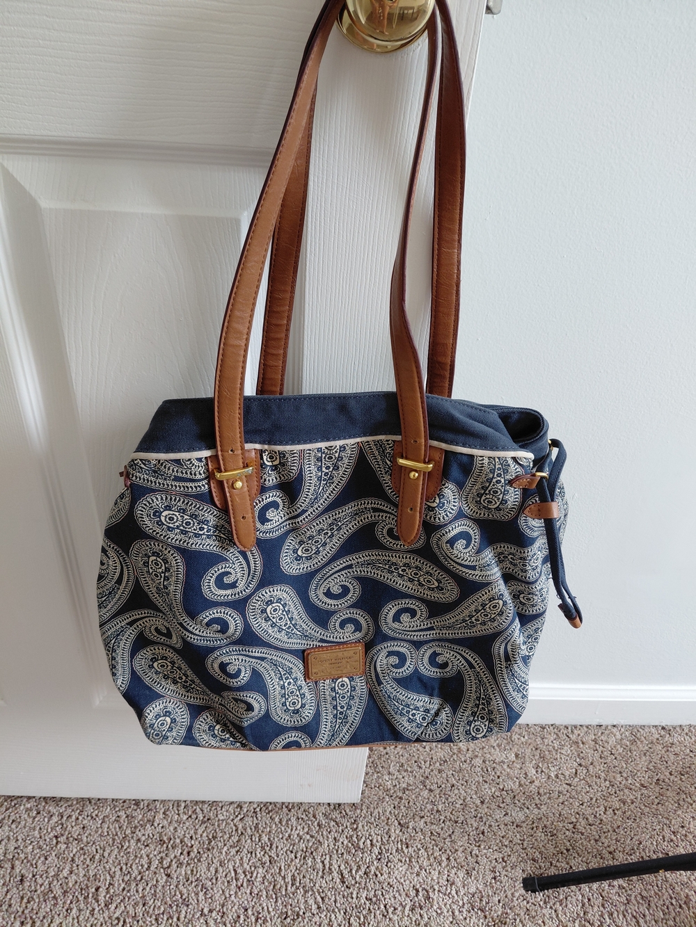 Tommy Hilfiger Navy Paisley Canvas Tote with Brown Leather Straps